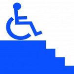 Graphic of a wheelchair-bound person at the top of a flight of steps