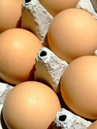Brown hen's eggs on a cardboard tray