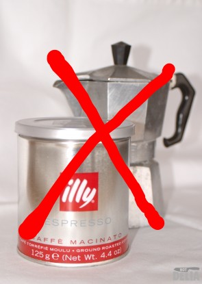Illy espresso coffee and a Bialetti Italian coffee pot