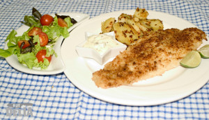 Fried breaded Pacific dory fillet with fries and side salad