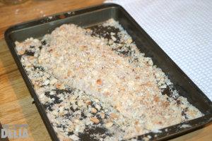 Breaded Pacific dory fillet ready for frying