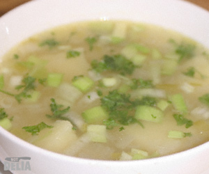 Close-up of a bowl of leek and potato soup