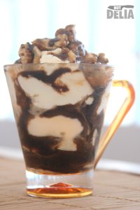 Banana split sundae with butterscotch sauce