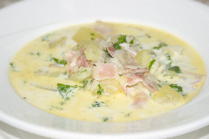 Bacon, potato and crab chowder in a bowl