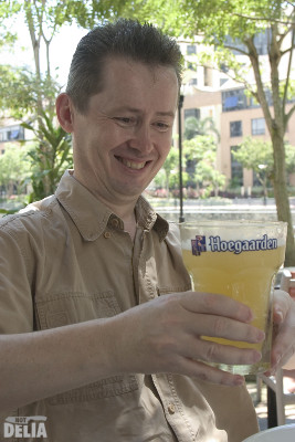 Even Mr Not Delia struggled to hold the large glass of Hoegaarden at Brasserie Wolf Mr Not Delia holds a glass of Hoegaarden in both hands