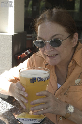 It was all Not Delia could do to lift her large glass of Hoegaarden! Not Delia struggles to hold a large glass of Hoegaarden