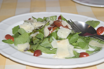 A rocket salad with sundried and cherry tomatoes, balsamic vinegar and Parmesan cheese shavings
