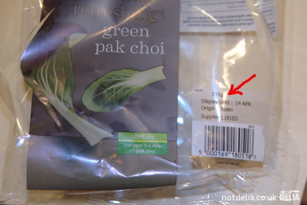 Bag of Waitrose pak choi, with "display until" date